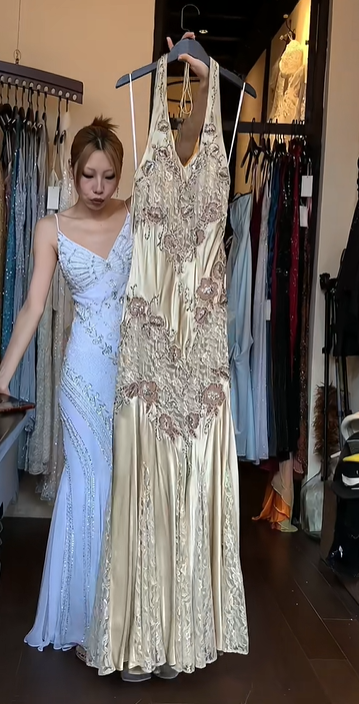 Champagne Halter Mermaid Prom Dress Vintage Floral Beaded Embroidery Long Formal Evening Gown gh9837