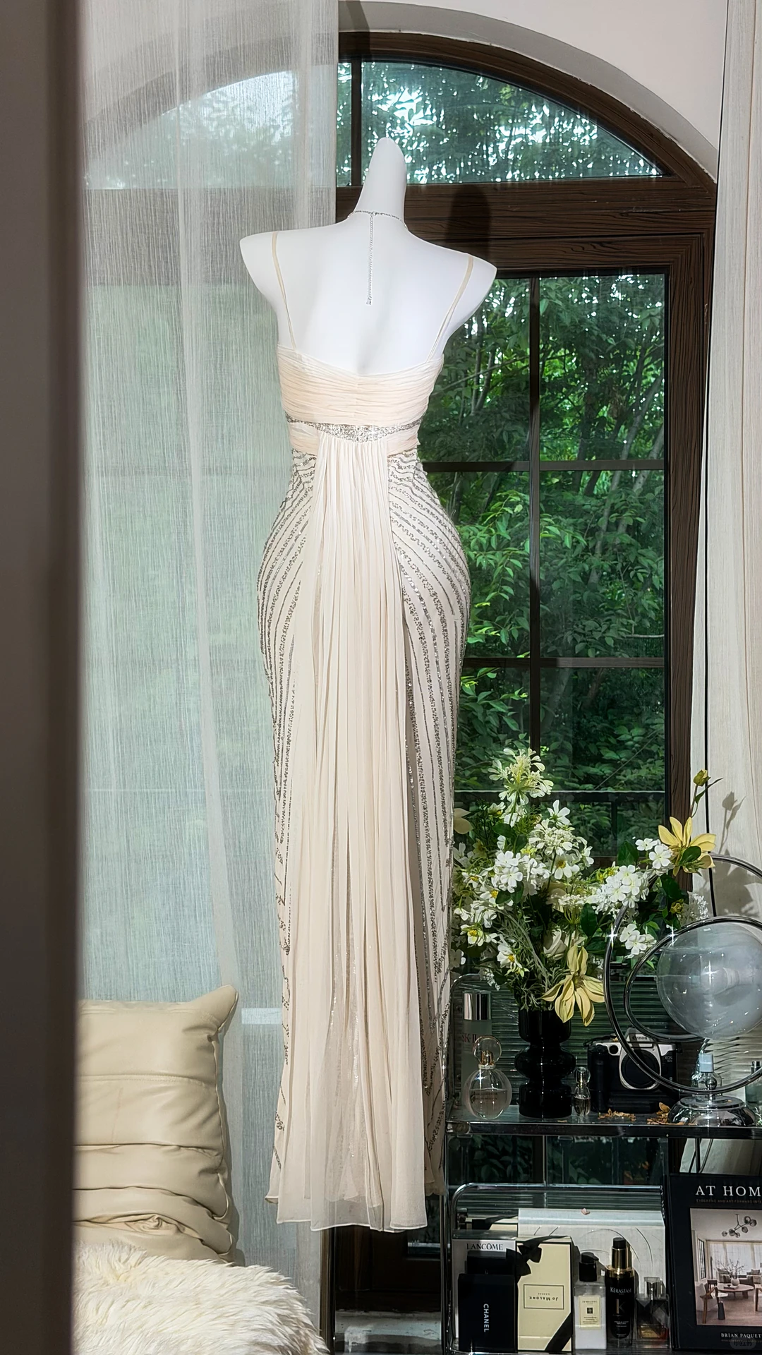 Nude Spaghetti Strap Silver Chevron Sequin Mermaid Evening Dress, Prom Formal Gown gh9510