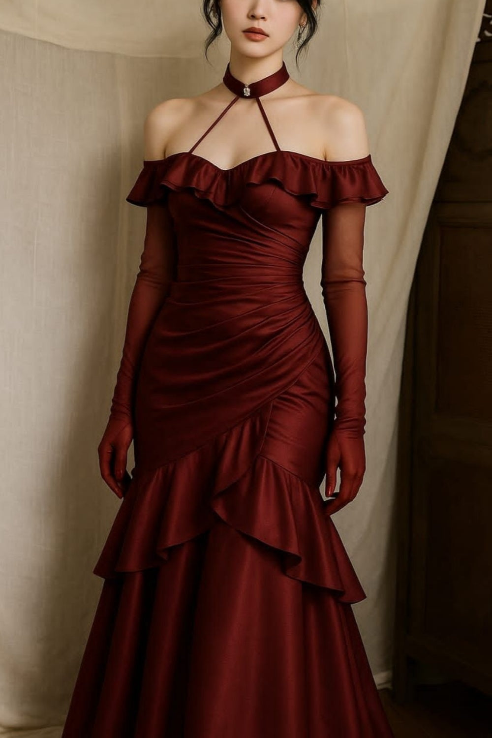 Girlhomeshops - Robe de bal longue en satin bordeaux à volants, style sirène, moulante, GH5762