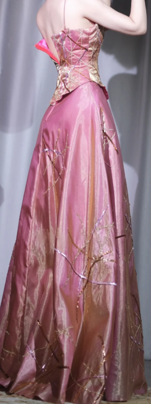 ✨Girlhomeshops-Spaghetti Strap Pink Gold Beaded Two Piece A-Line Long Prom Evening Gown gh10041