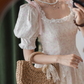 Elegant Vintage White Base Light Pink Floral Print Puff Sleeve Fitted Waist Prom & Evening Party Dress gh8494
