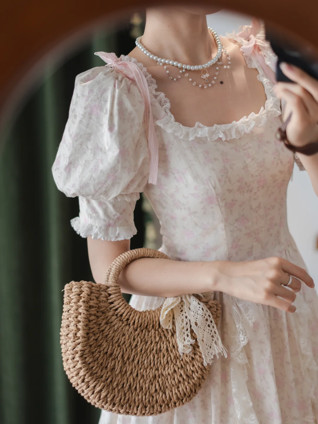 Elegant Vintage White Base Light Pink Floral Print Puff Sleeve Fitted Waist Prom & Evening Party Dress gh8494