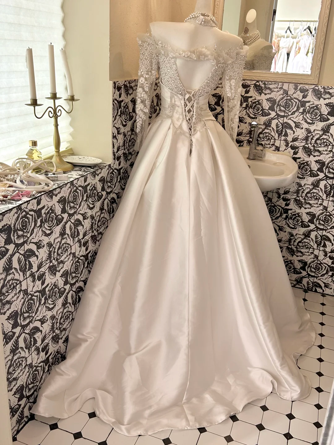 Ivory Long Sleeve Sheer Rhinestone Cinched Waist Full Flared Skirt Long Premium Vintage Romantic Dress, Wedding Gown gh7788