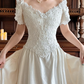 Off‑White Vintage V Off‑the‑Shoulder Lace Short Sleeve Floral Lace Appliqué Fitted Waist Textured Fabric Long Train Prom Gown, Wedding Dress gh8621