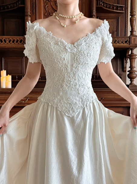 Off‑White Vintage V Off‑the‑Shoulder Lace Short Sleeve Floral Lace Appliqué Fitted Waist Textured Fabric Long Train Prom Gown, Wedding Dress gh8621