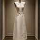 ✨Girlhomeshops-Star Beaded Tie Waist A-Line Ivory Qipao Cheongsam Midi Dress gh10480