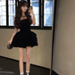 Women Retro Black Strapless Homecoming Dress Velvet High Waist Layered Ruffle Puffy Short Party Dress gh9429