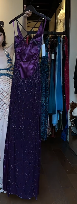 Dark Purple Fully Beaded Evening Gown V Neck Spaghetti Straps Criss Cross Back Long Prom Dress gh9735