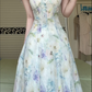 Watercolor Floral Print Long Evening Gown, V‑Neck Ruffle Flutter Short Sleeve Flowy Chiffon A‑Line Formal Prom Dress gh8970