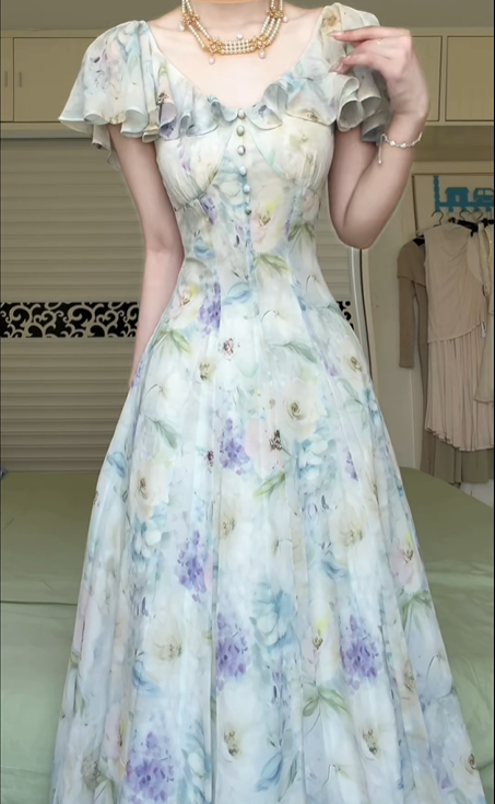 Watercolor Floral Print Long Evening Gown, V‑Neck Ruffle Flutter Short Sleeve Flowy Chiffon A‑Line Formal Prom Dress gh8970