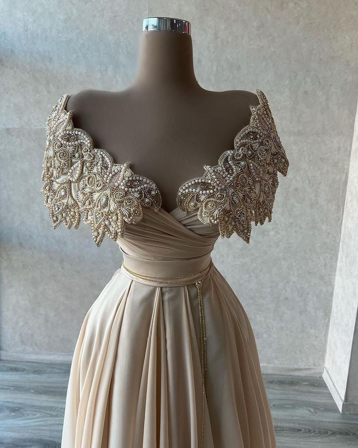 Robe de soirée élégante en tulle à perles brillantes de luxe Champagne gh3279
