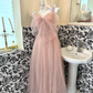 Light Pink Spaghetti Straps Bow Neckline Waist-Cinched Full Flared Skirt Romantic Dress, Wedding Gown gh7764