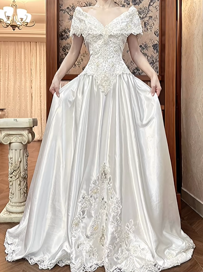 White Vintage Satin A‑Line Wedding Prom Dress, Off‑the‑Shoulder V‑Neck Cape Sleeves, Lace Beaded Bodice, Lace Appliqués Long Train gh8712