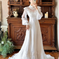 Off‑White Vintage Edwardian High Neck Lace Sheer Puff Long Sleeve High Waist Multi‑Layer Ruffle Lace Hem Long Train Prom Gown, Wedding Dress gh8622
