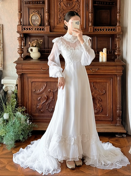 Off‑White Vintage Edwardian High Neck Lace Sheer Puff Long Sleeve High Waist Multi‑Layer Ruffle Lace Hem Long Train Prom Gown, Wedding Dress gh8622