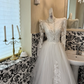 White Lace Long Sleeve Waist-Cinched Elegant Full Flared Romantic Dress, Wedding Gown gh7522