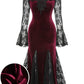 Girlhomeshops - Robe de soirée à manches longues en velours bordeaux et dentelle gothique GH5813