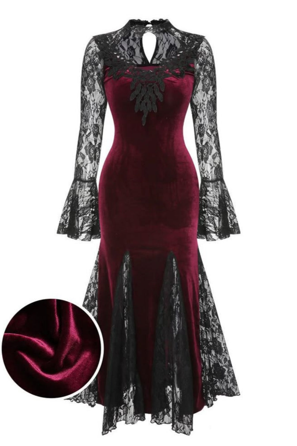 Girlhomeshops - Robe de soirée à manches longues en velours bordeaux et dentelle gothique GH5813