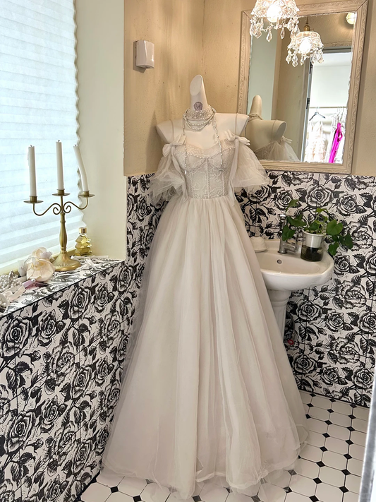 Ivory Spaghetti Strap Off-the-Shoulder Waist-Cinched Full Flared Skirt Long Romantic Dress, Wedding Gown gh7643