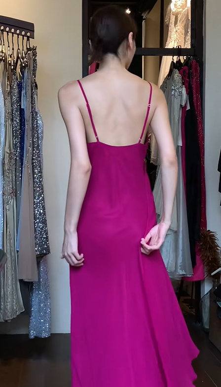 Spaghetti Straps Fuchsia Chiffon Evening Gown Deep V Rhinestone Ruched Asymmetric Ruffle Long Prom Dress gh9708