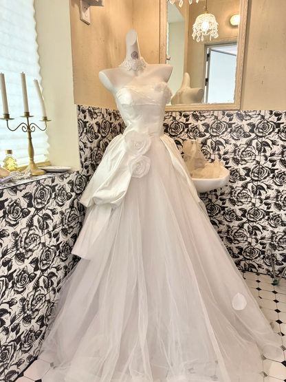 White Satin Strapless Waist-Cinched Voluminous Skirt Long Elegant Romantic Dress, Wedding Gown gh7779