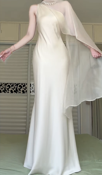 Ivory Satin One‑Shoulder Mermaid Long Evening Gown With Flowy Tulle Cape Formal Prom Dress gh8969