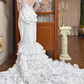 White Vintage Satin Mermaid Wedding Gown, Illusion Boat Neck Lace, Long Lace Sleeves With Large Ruffle Shoulder Accents, Lace Beaded Appliqué, Multi‑Tier Ruffle Mermaid Train, Prom Dress gh8642