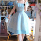Vintage Blue Square Neck Printed Fitted Waist Flared Skirt Prom & Evening Party Dress gh8503