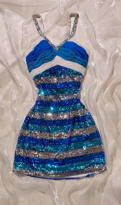 Sexy Vintage Blue Halter Prom & Evening Party Dress, Striped Sequin, Fitted Waist Slim Silhouette gh8533