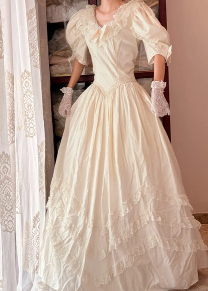 Cream White Vintage Victorian Long Gown, Puff Elbow Sleeve Lace Tiered Ballgown gh9292