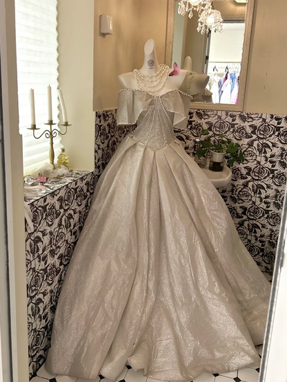Silver Gray Bow Off-the-Shoulder Waist-Cinched Voluminous Skirt Long Luxury Romantic Dress, Wedding Gown gh7648