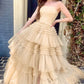 A-Line Strapless Tulle Long Prom Dress with Tiered Ruffles gh2676