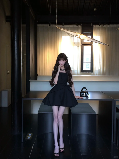 Women Elegant Black Strapless Homecoming Dress Square Neck Bow Waist A-Line Short Party Dress gh9419