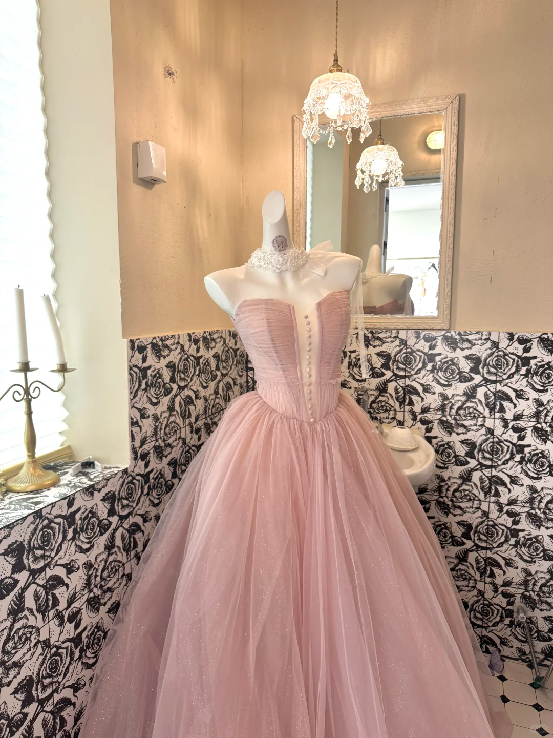 Blush Pink Strapless Cinched Waist Voluminous Skirt Long Romantic Dress, Wedding Gown gh7791