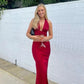 Rot Schlichtes Elegantes V-Ausschnitt Zweiteiliges Langes Meerjungfrau Schlankes Satin Abendkleid Partykleid Hochzeitsgastkleid gh3139