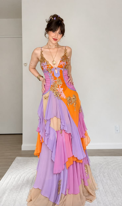✨Girlhomeshops-Spaghetti Strap Color Block Gold Lace Applique Tiered Ruffle Long Prom Gown gh10227