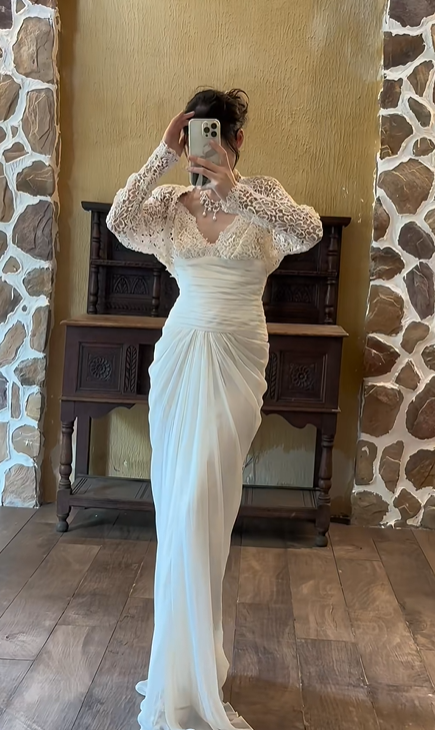 Ivory White Vintage Greek Wedding Gown, V‑Neck Lace Slip With Lace Long‑Sleeve Bolero Ruched Waist Draped Chiffon Bridal Dress gh9075