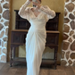 Ivory White Vintage Greek Wedding Gown, V‑Neck Lace Slip Dress With Detachable Hollow Lace Long‑Sleeve Bolero Ruched Waist Draped Chiffon Bridal Dress gh9079
