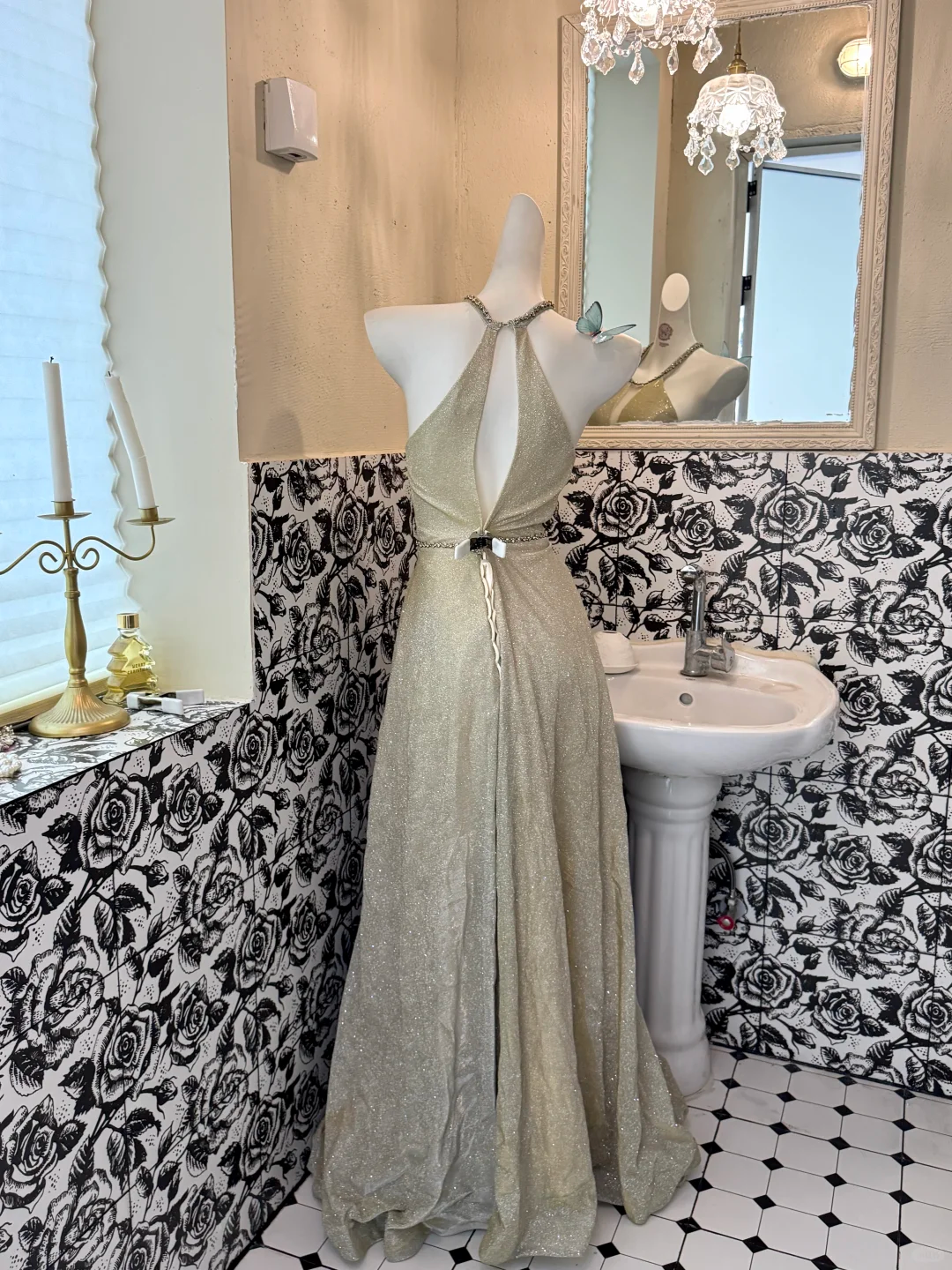 Light Sage Green Halter Waist-Cinched Full Flared Skirt Elegant Romantic Dress gh7609