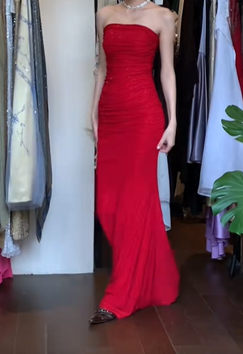 Red Vintage Prom Dress Strapless Tube Neck Ruched Bodice Sparkle Bodycon Mermaid Long Evening Gown gh9616