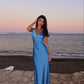 Blaues schlichtes, elegantes, langes Ballkleid aus Satin mit V-Ausschnitt gh3165
