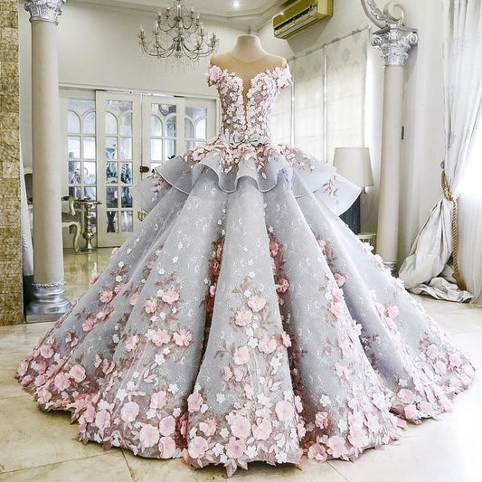 Wunderschönes, exquisites, langes Ballkleid aus Tüll mit Blumenapplikationen in Rosa, Abendkleid, Hochzeitskleid gh3327