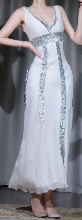 Sleeveless V Neck White Chiffon Evening Dress, Silver Sequin Accent Midi Formal Gown gh9904