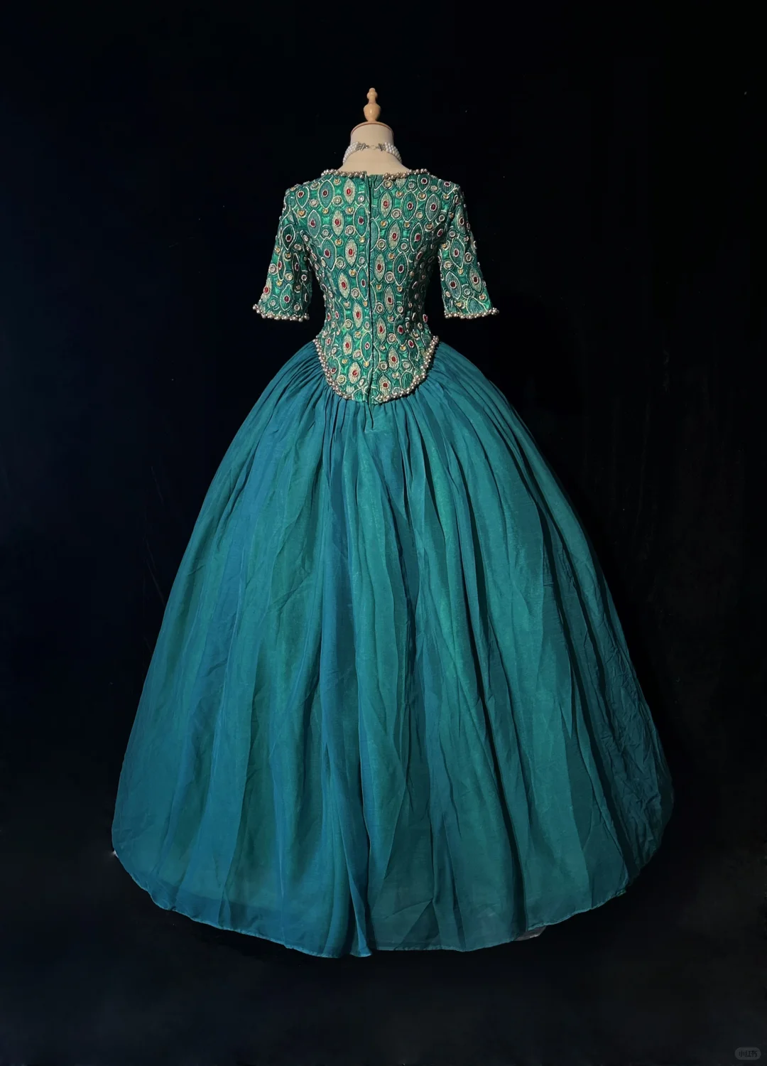 Square Neck Peacock Green Rococo Ball Gown Half Sleeve Colorful Gem Beaded Formal Dress for Prom gh9540