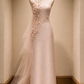 ✨Girlhomeshops-Blush Pink Sleeveless Qipao with 3D Floral and Tulle Train gh10518