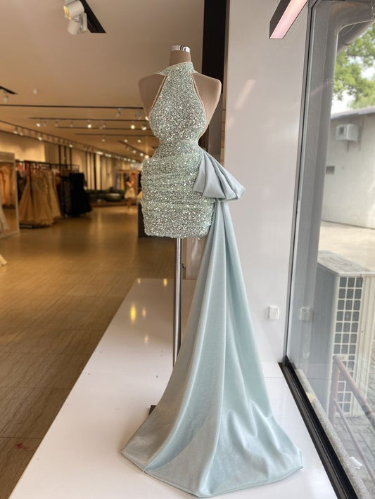 Robe de soirée longue et courte à paillettes brillantes de couleur verte gh3087