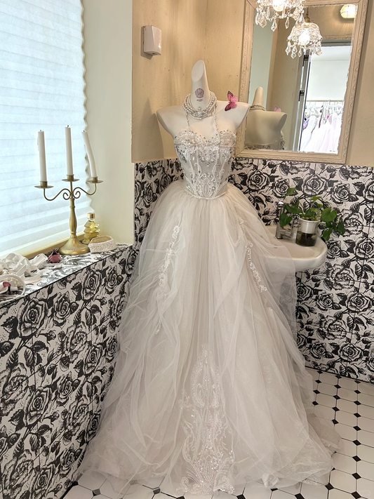 Ivory Strapless Waist-Cinched Full Flared Skirt Long Romantic Dress, Wedding Gown gh7646