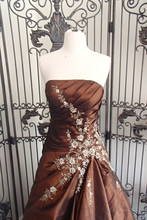 Wunderschönes Vintage-Abendkleid aus Satin mit exquisiter Applikation, langes, elegantes Ballkleid, braun, gh3313