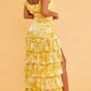 Girlhomeshops - Robe de soirée longue en mousseline de soie, élégante et sexy, motif floral, jaune, à volants, pour invité de mariage, gh5205