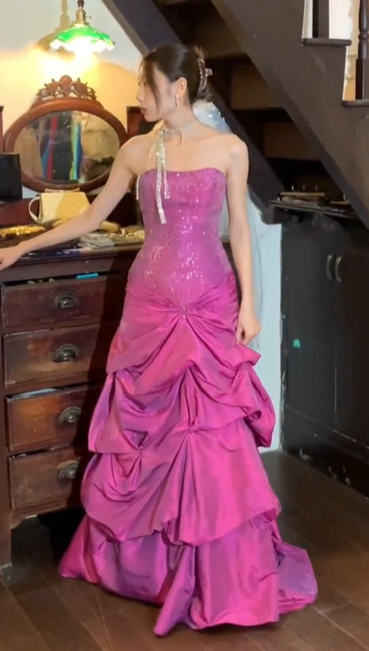 Fuchsia Strapless All Over Sequin Ruched Tiered Mermaid Long Evening Prom Dress gh9782